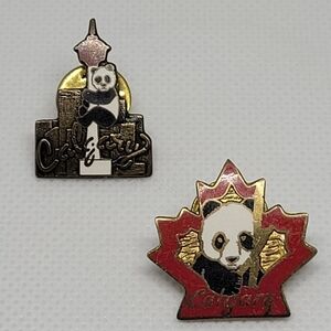 VINTAGE 1988 CALGARY ZOO PANDA VISIT & WINTER OLYMPICS Lapel Pins, Bundle of Two